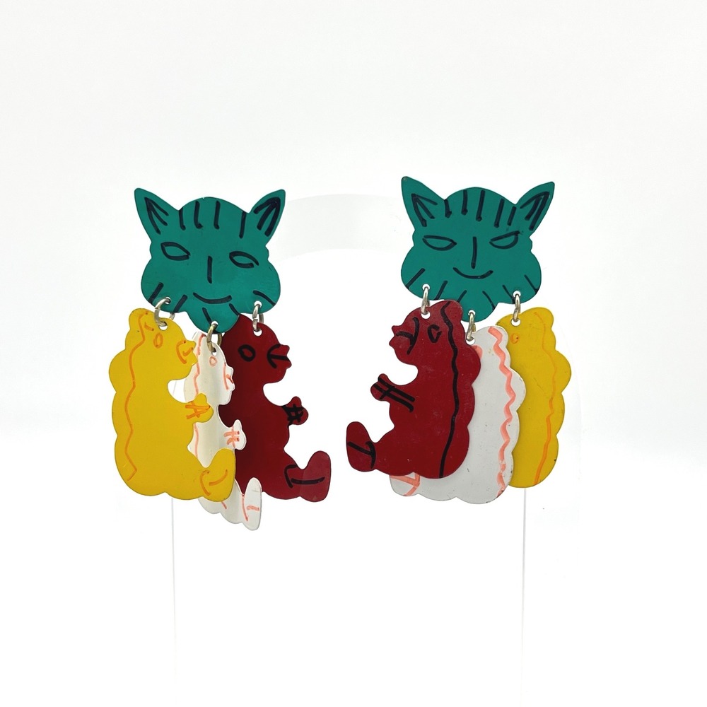 Whimsical Cat Bear Face Clip On Earrings Eclectic Fun‎ Colorful Dangle Jewelry